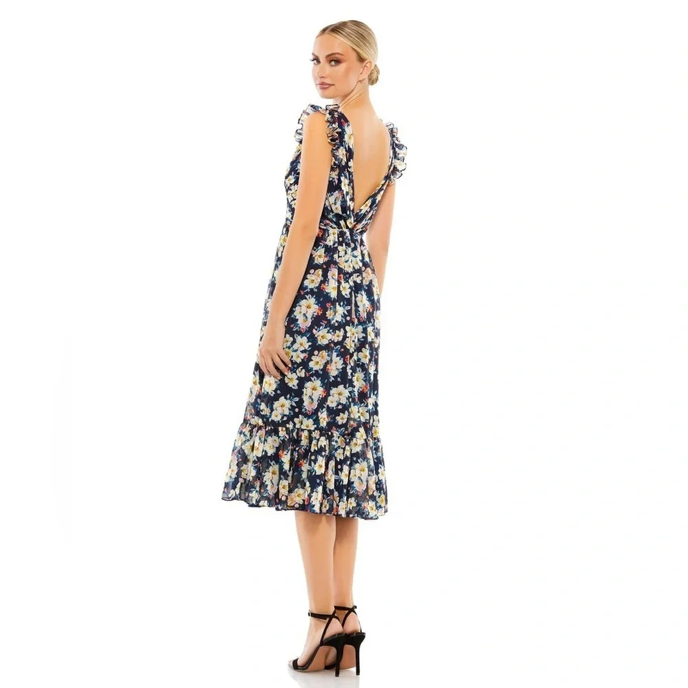 Ieena for Mac Duggal Flowy Floral Print V Neck Cap Sleeve Midi Dress 55665 - Picture 4 of 11